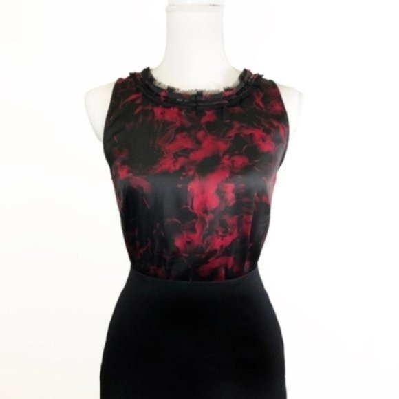 Dana Buchman Black Floral Watercolor Ruffle Beaded Neckline Work Blouse Tank Top - Picture 3 of 7